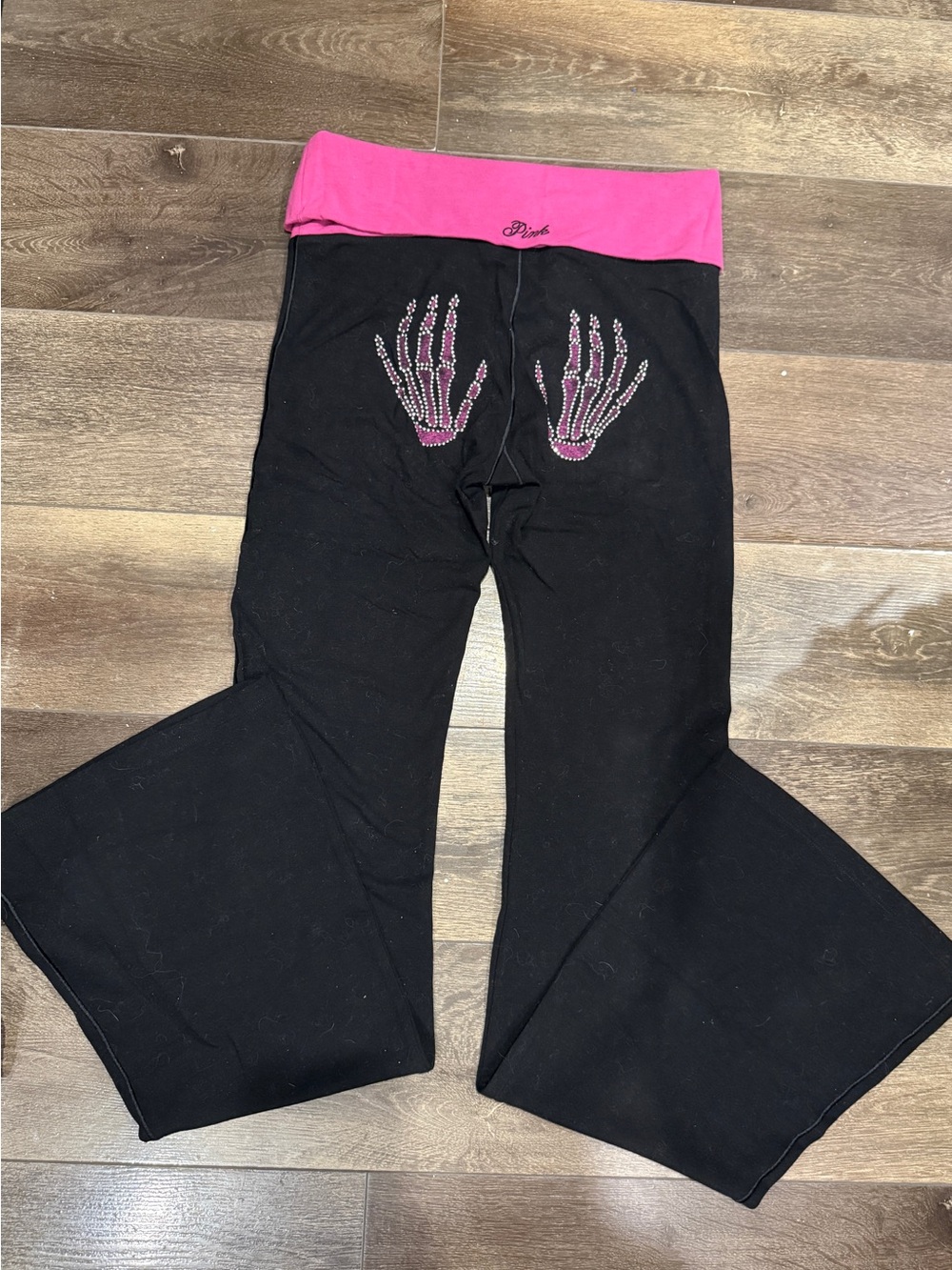 PINK Victoria’s Secret Jeweled Skeleton Hands Cotton Foldover Flare Leggings